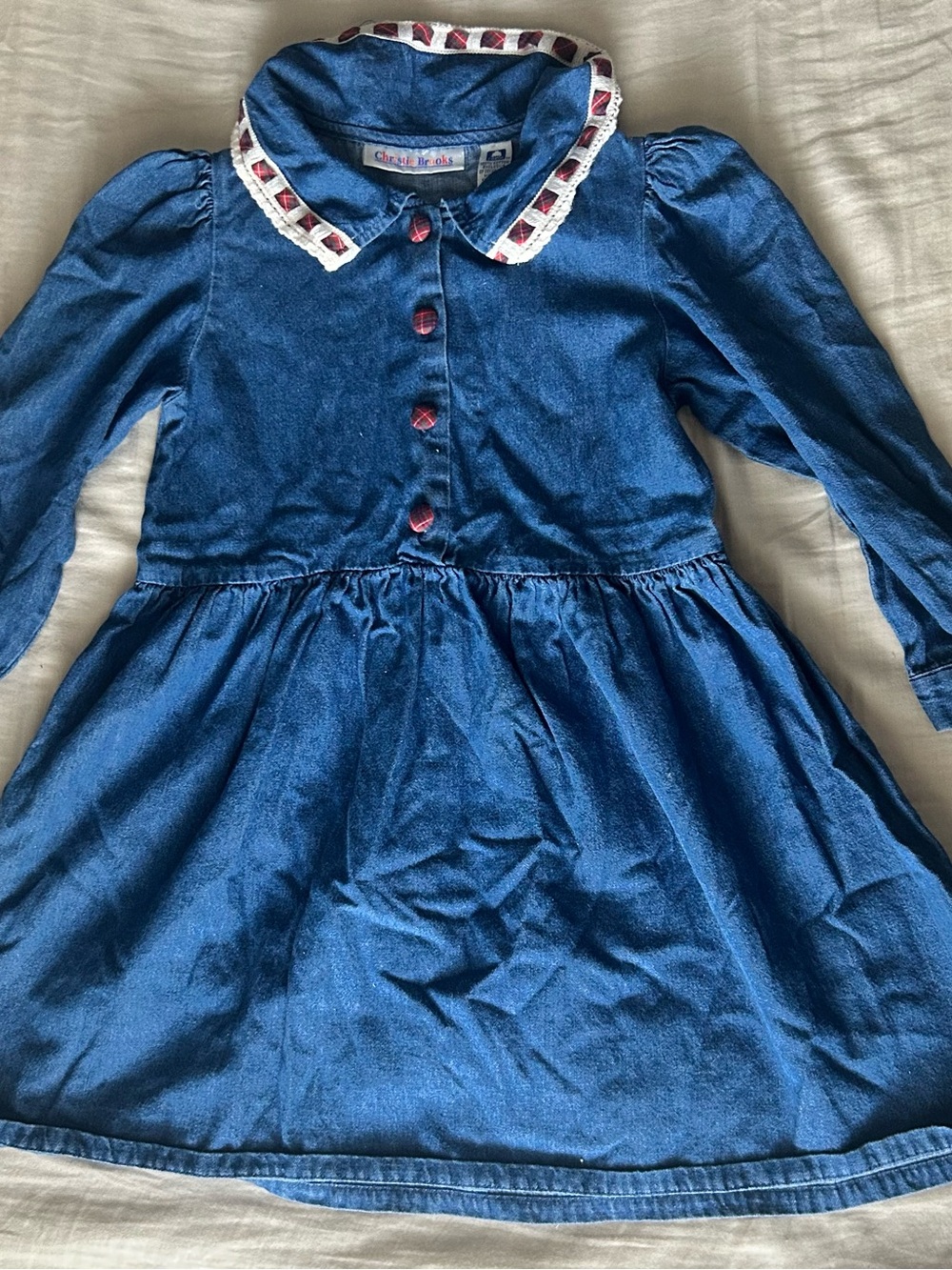 Girls' Blue Denim Long Sleeve Dress with Contrast Trim
